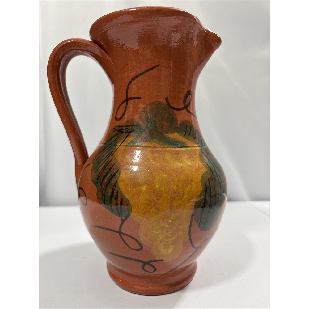 Vintage Terracotta Sangria Pitcher Hand Painted Grapes Glazed Clay Jug 8x6